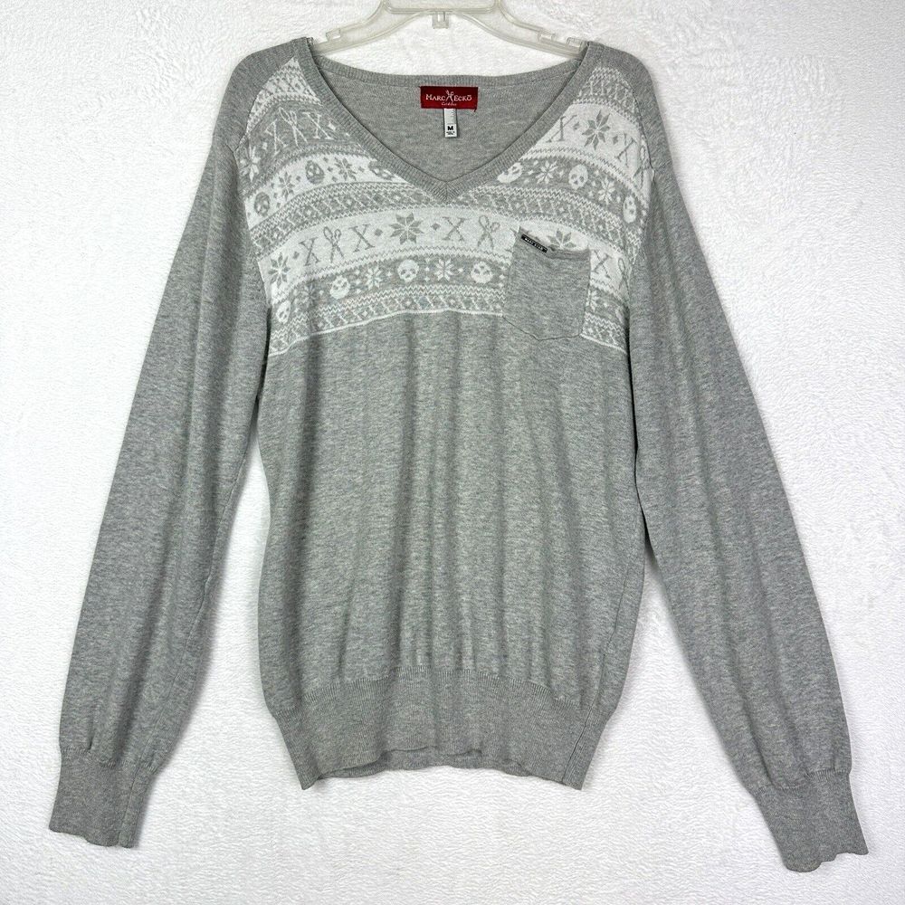 Marc Ecko Cut Sew V Neck Pullover Sweater Mens Medium Scissors Skulls Grey